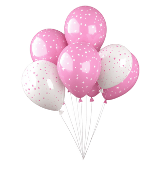 Pink and light star shaped balloons floating against a transparent background, ideal for baby showers, gender reveals, and birthdays png