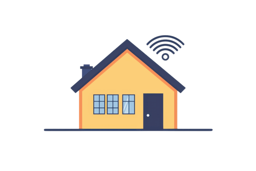 A simple, modern house illustration with a chimney and Wi-Fi signal icon, depicting connectivity and home life. png