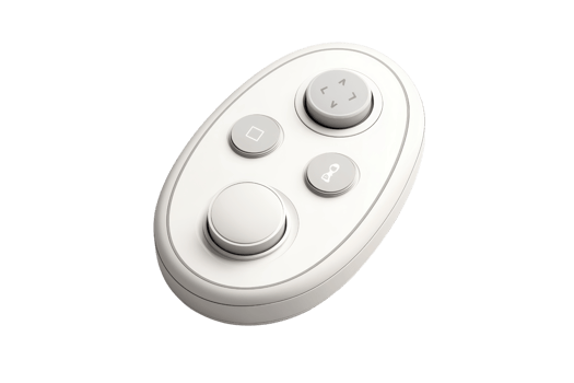 A modern, oval-shaped remote control featuring four distinct buttons in a sleek white design. png