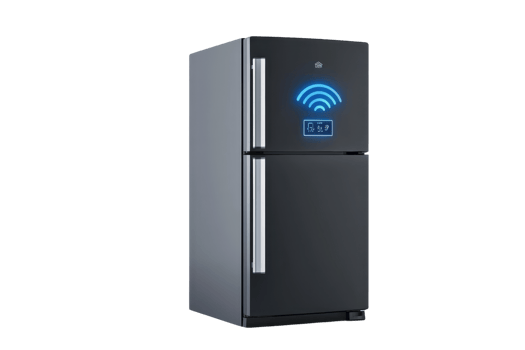 A sleek black refrigerator with a digital display and Wi-Fi connectivity features. png