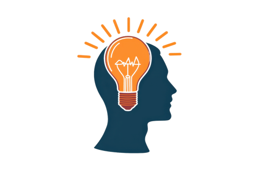 A bulb symbolizing ideas and creativity emerges from a silhouette of a human head, representing enlightenment and intelligence. png