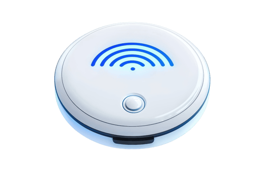A circular device featuring a blue wireless signal icon, designed for connectivity and smart technology applications. png