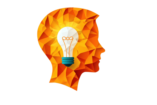 A geometric human head silhouette filled with vibrant colors, featuring an electric light bulb glowing brightly inside. png
