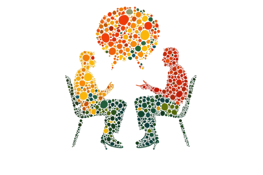 Two abstract figures engaged in a lively discussion, illustrated with colorful circles forming thought bubbles. png