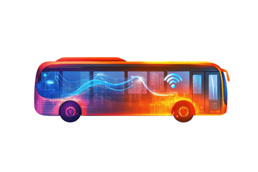 A vibrant, stylized bus featuring wireless signals and dynamic light patterns, symbolizing modern transportation technology. png