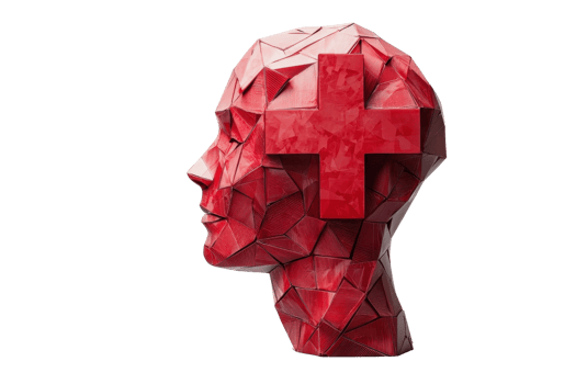A stylized red head sculpture features a prominent cross symbol, representing health and medical themes. png