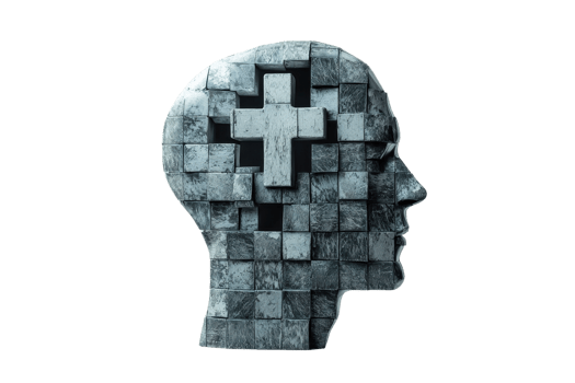 A sculptural representation of a head formed from textured blocks, featuring a cross pattern symbolizing medical or health themes. png