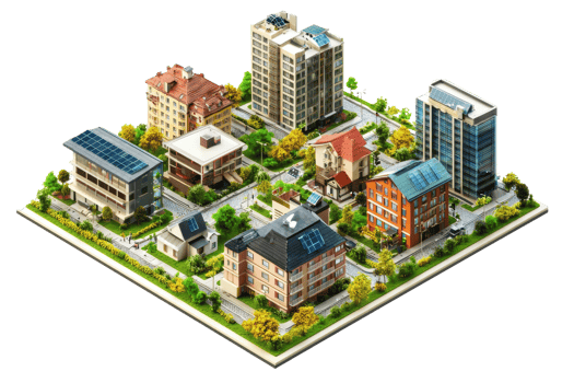 A colorful, detailed cityscape featuring various buildings, greenery, and pathways arranged in a lively urban layout. png