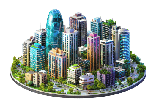 A vibrant, modern cityscape featuring a variety of sleek skyscrapers and greenery, showcasing architectural diversity and urban design. png