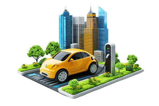 A vibrant yellow electric car charging in a modern cityscape surrounded by green landscaping and skyscrapers. png
