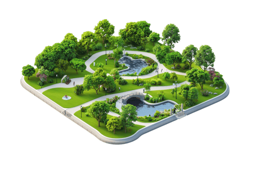 A lush park scene featuring winding paths, greenery, water bodies, and ornamental features, designed for relaxation and enjoyment. png