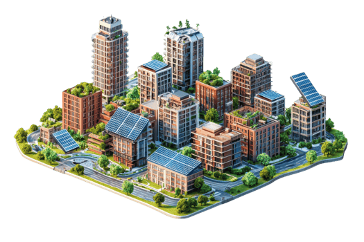 A vibrant, detailed urban landscape featuring various buildings, greenery, and solar panels, depicting a modern city design. png