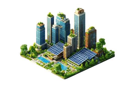 A modern urban landscape featuring tall skyscrapers, solar panels, pools, and lush greenery. png