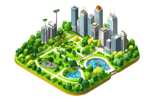 A vibrant urban park featuring lush greenery, decorative pathways, and tranquil ponds surrounded by modern skyscrapers. png