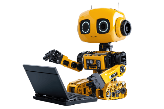 A cheerful yellow robot engaged with a laptop, showcasing modern robotics and technology. png