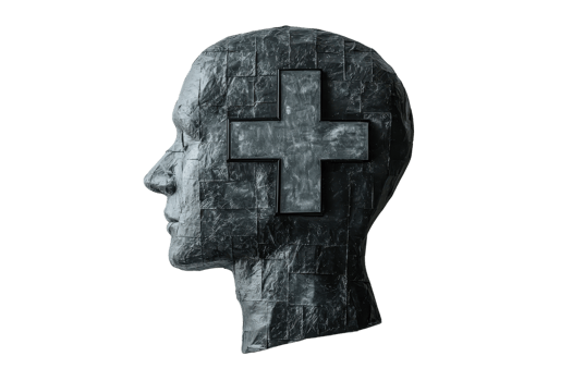 A sculpted human head features a prominent cross shape, symbolizing health and healing. png