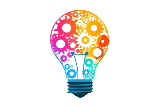 A colorful light bulb filled with various gears, symbolizing innovation and creativity. png