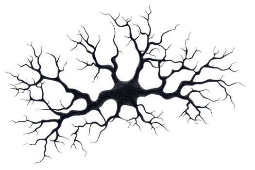 A dark, intricate network resembling tree branches or neurons, showcasing a complex structure with branching patterns. png