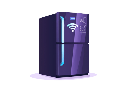 A modern, purple smart refrigerator with a digital interface, featuring a Wi-Fi symbol and sleek design elements. png