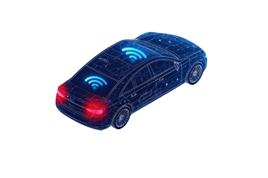 A futuristic car model featuring digital connectivity indicators and a sleek design, representing advanced technology in automotive innovation. png
