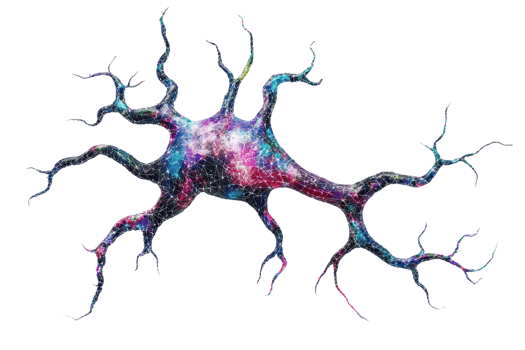 A colorful, abstract representation of a neuron with branching structures resembling cosmic patterns. png
