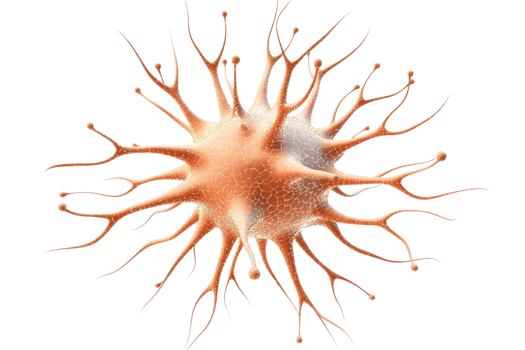 A detailed depiction of a cell-like structure with radiating extensions resembling a star or neuron. png