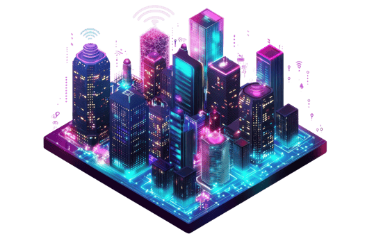 A vibrant, futuristic cityscape featuring colorful skyscrapers adorned with illuminated accents and digital elements. png