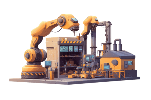 A vibrant industrial scene featuring robotic arms and a machinery facility, showcasing advanced automation and modern manufacturing processes. png