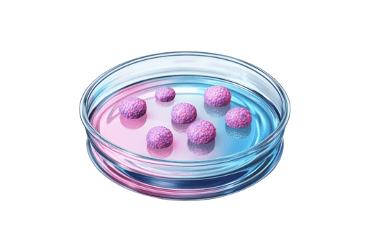 A vibrant petri dish containing several round, pinkish-purple spheres arranged in a colorful liquid. png
