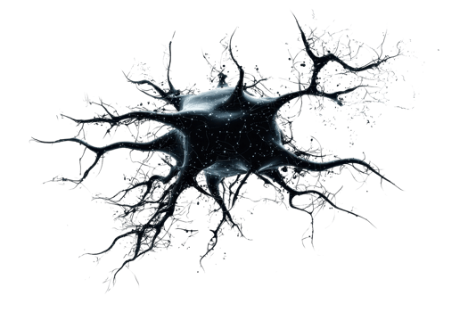 A detailed representation of a neuron, showcasing dendrites branching out from a central cell body, emphasizing its complex structure. png