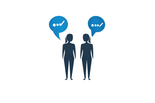 Two figures are engaged in conversation, each with a speech bubble containing ellipses and checkmarks. png
