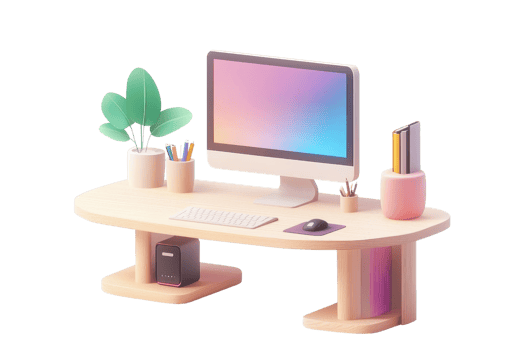 A stylish modern desk featuring a computer, plants, and stationery, creating an organized workspace ideal for productivity. png