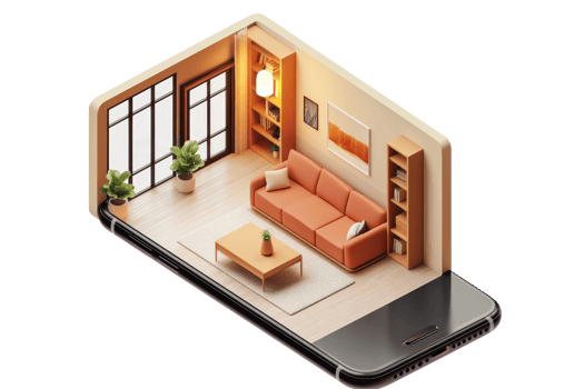 A smartphone shows a cozy interior space featuring a sofa, coffee table, and decorative elements, creating a warm, inviting atmosphere. png