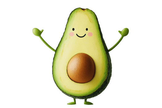 A cheerful, cartoonish avocado with arms and a smiling face, featuring a brown seed in its center. png