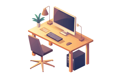A modern desk with a computer, chair, lamp, and potted plant, designed for a cozy workspace environment. png
