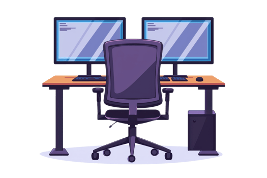 A modern workstation featuring a desk, dual monitors, ergonomic chair, and a computer tower, designed for productivity and comfort. png