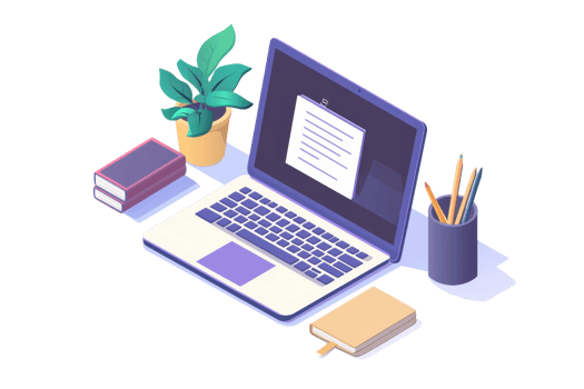 A modern laptop sits on a desk, surrounded by books, a plant, and stationery, showcasing an organized workspace. png