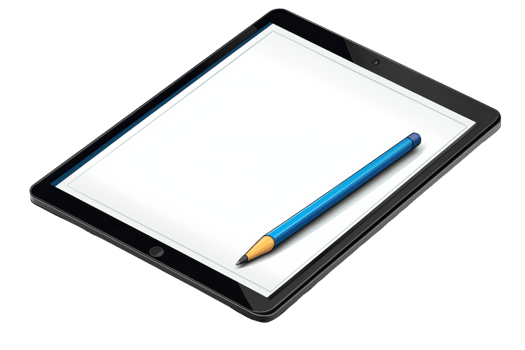 A digital tablet with a blank screen and a blue pencil resting beside it. png