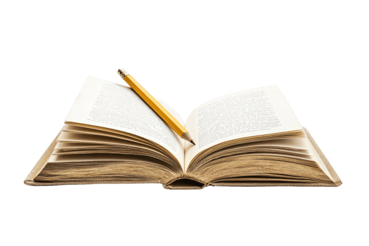 An open book with pages slightly curled, accompanied by a yellow pencil resting on top. png