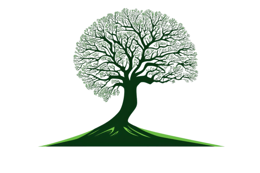 A stylized green tree with a broad canopy and sturdy trunk, set on a sloped base. png
