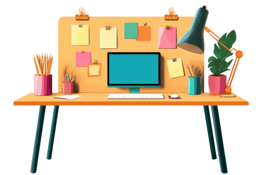 A colorful desk setup featuring a computer, pens, sticky notes, and a plant, designed for a creative workspace. png