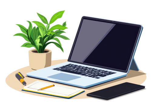 A sleek laptop rests on a circular desk alongside a notebook, pen, smartphone, and a decorative potted plant. png