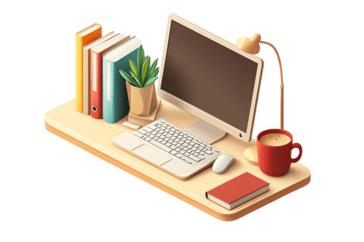 A stylized workspace featuring a computer, keyboard, books, a plant, and a coffee cup, creating an inviting study atmosphere. png