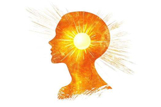 A vibrant silhouette of a head with a bright sun at the center, radiating rays, symbolizing enlightenment and creativity. png