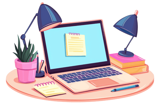 A stylish workspace with a laptop, desk lamps, a plant, sticky notes, and books neatly arranged on a round desk. png