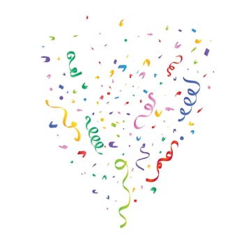 Colorful confetti and ribbon explosion on a white background. Tinsel and ribbon for birthday party or event celebration invitation or decoration. Multicolor confetti and ribbons for festival. vector