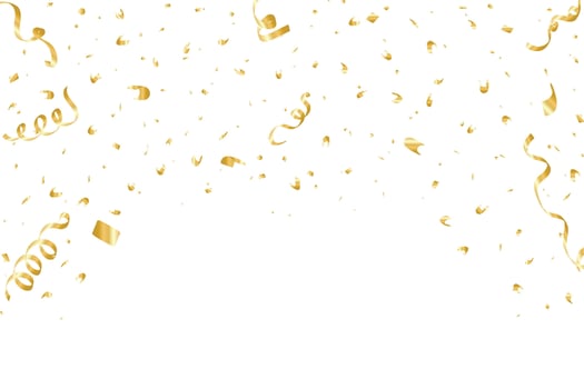 Shiny gold color ribbons and confetti falling on a white background. Golden confetti and ribbons. Confetti and tinsel element design for birthday, party, anniversary, and holiday. vector