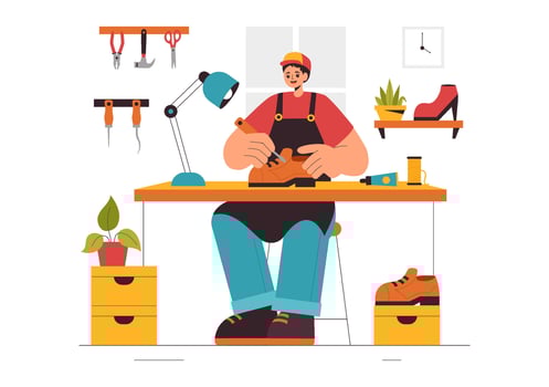 Footwear Manufacturing Illustration Depicting Shoe Repair and Crafting in Flat Style vector