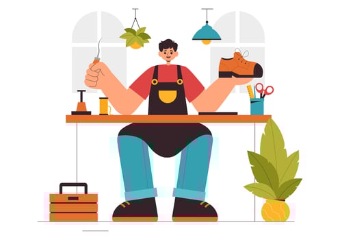 Illustration of a Shoe Artisan Designing and Repairing Footwear in a Cartoon Style Background vector