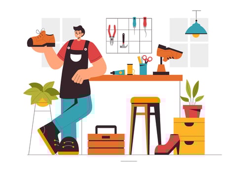 Shoe Repair Illustration Highlighting Footwear Craftsmanship and Manufacturing in Flat Style Background vector